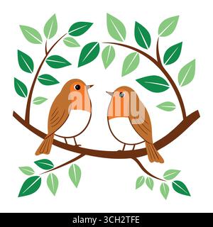 Deux Robin Birds on Branch, illustration de la nature printanière, style dessin animé mignon, bonne humeur, feuilles vertes Illustration de Vecteur