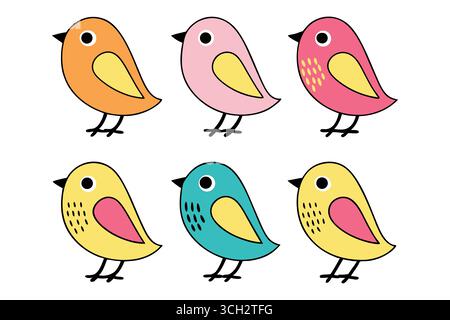 Six oiseaux pastel mignons ; enfantin, ludique, illustration vectorielle ; parfait pour les dessins d'enfants Illustration de Vecteur