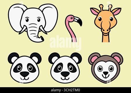 Visages adorables d'animaux de dessin animé : éléphant, panda, girafe, flamant rose, singe; illustrations joyeuses et enfantines. Illustration de Vecteur