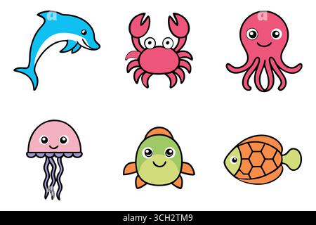 Collection mignonne de créatures marines de dessin animé Illustration de Vecteur