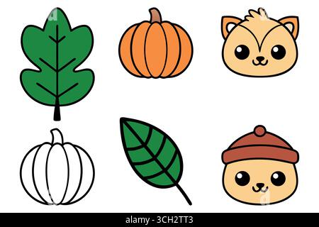 Icônes d'automne mignonnes avec feuilles citrouilles et animaux Illustration de Vecteur