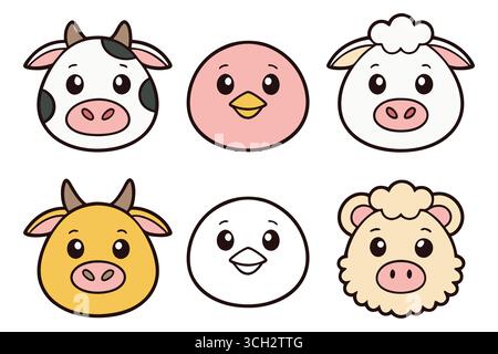 Visages d'animaux de ferme de dessins animés mignons et collection d'œufs Illustration de Vecteur