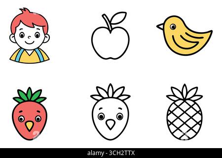Mignons fruits de bande dessinée et les pages à colorier de garçon pour les enfants Illustration de Vecteur