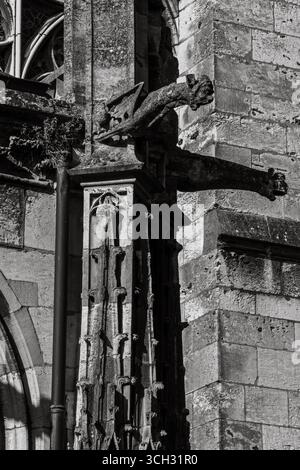 Une photographie détaillée en noir et blanc capturant la gargouille altérée sur la façade historique de la cathédrale de Rouen. Banque D'Images