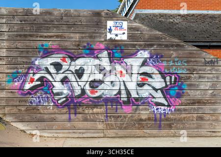 Graffiti au Woodbridge Skatepark, Woodbridge, Suffolk, Angleterre, Royaume-Uni Banque D'Images