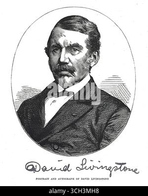 Portrait gravé de David Livingstone, médecin écossais, congrégationaliste, missionnaire chrétien pionnier de la London Missionary Society et explorateur en Afrique. Chercheur scientifique, réformateur impérial, croisé anti-esclavagiste et défenseur de l'expansion commerciale et coloniale britannique. Il devint l'un des héros britanniques les plus populaires de la fin du XIXe siècle (1813-73) Banque D'Images