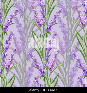 Illustration de motif sans couture à l'aquarelle dessinée à la main avec de délicates fleurs de lavande et des tiges vertes sur un fond violet doux Banque D'Images