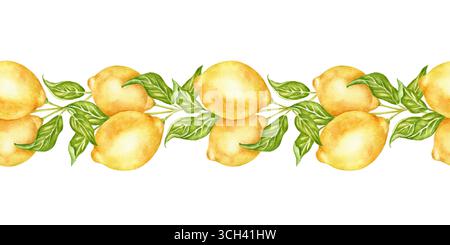 Bordure d'aquarelle horizontale avec des fruits de citron sur une branche avec des feuilles. Cadre d'agrumes lumineux et ensoleillés. Motif botanique sans couture pour la vaisselle, le tissu, les bannières décoratives, les menus et les papiers peints Banque D'Images