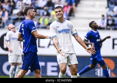 Gand, Belgique. 31 août 2025. Nicolo Tresoldi réagit lors d'un match de football entre la KAA Gent et le Club Bruges, dimanche 31 août 2025 à Gand, au jour 6 de la première division 'Jupiler Pro League' 2025-2026 du championnat belge. BELGA PHOTO TOM GOYVAERTS crédit : Belga News Agency/Alamy Live News Banque D'Images