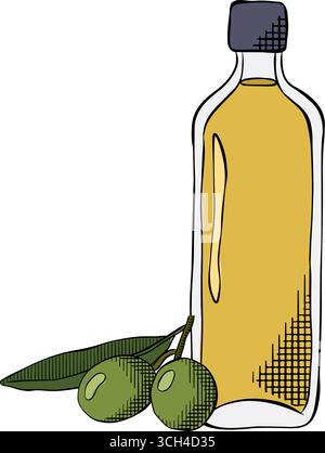 Huile d'olive avec l'icône de vecteur d'olives, illustration d'huile vierge extra. Illustration vectorielle en couleur à l'encre de la ligne graphique. Modèle d'icône de catégorie d'achat. U Illustration de Vecteur