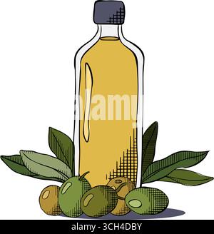 Bouteille d'huile d'olive avec des baies et des feuilles composition. Illustration vectorielle en couleur à l'encre de la ligne graphique. Signe de silhouette pour logo, impression, bandes dessinées, mode, Illustration de Vecteur