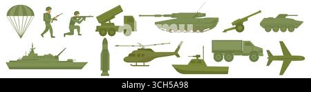 Ensemble de matériel militaire. Transport militaire, véhicules de l'armée et équipement de guerre, icônes plates vectorielles. Char militaire, avion, sous-marin et hélicoptère, bras Illustration de Vecteur