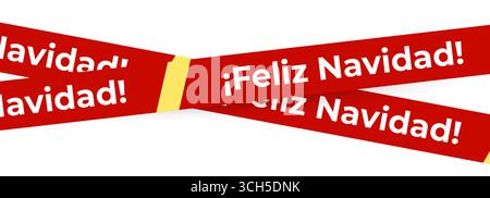 Feliz Navidad Tape Design en rouge avec lettres blanches audacieuses et accent jaune, stylisé comme ruban d'avertissement de vacances. Parfait pour l'emballage de Noël Illustration de Vecteur