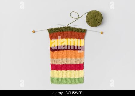Laine tricotée verte sur fond gris avec des aiguilles à tricoter pour tricoter des vêtements chauds et des passe-temps à l'aiguille. Écharpe rayée brillante à tricoter en fils rouges, jaunes, verts, oranges et violets. Banque D'Images