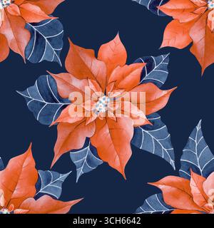 Motif aquarelle sans couture avec poinsettia rouge sur fond bleu foncé. Illustration botanique de la fleur festive traditionnelle des vacances d'hiver Banque D'Images