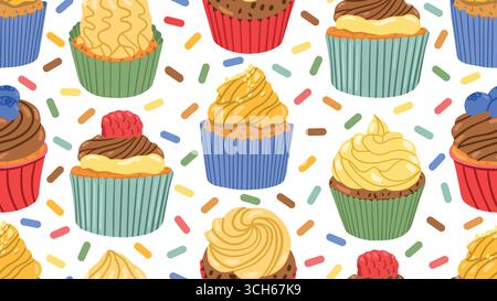 Cupcakes à la crème, framboise, ganache et pépites de chocolat et saupoudrées. Motif sans couture de vecteur de vacances. Desserts de vacances, pâtisseries. Conception pour wra Illustration de Vecteur