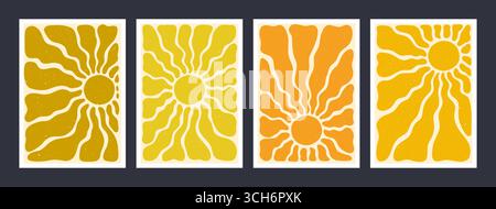 Fonds rétro Sun Ray en jaune, orange et or avec des motifs groovy Wave. Design abstrait de soleil d'été avec texture grunge vintage. Idéal Illustration de Vecteur