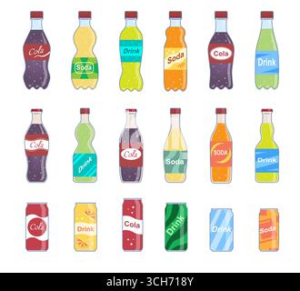 Ensemble de bouteilles avec boissons gazeuses. Autocollants colorés avec soda pétillant, limonade et eau rafraîchissante douce. Délicieuse boisson en magasin. Plat Illustration de Vecteur