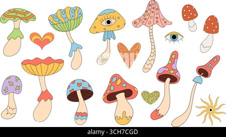 Groovy Psychedelic Mushroom Set, Doodle Set coloré Illustration de Vecteur