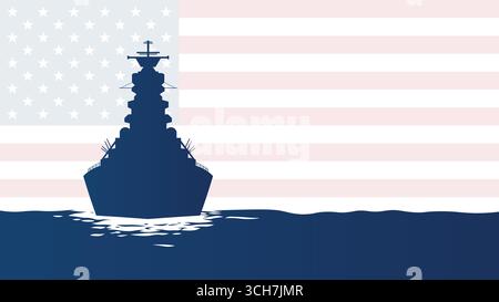 Silhouette d'un cuirassé sur fond de drapeau américain Banque D'Images