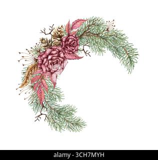 Couronne de roses Bordeaux, branches de sapin, cônes, fleurs séchées, branches sèches et plumes. Illustration aquarelle dans le style steampunk pour Noël et Banque D'Images