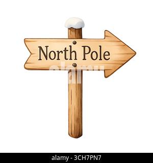 Aquarelle North Pole signe en bois, illustration de Noël mignonne avec décor de vacances enneigées Banque D'Images