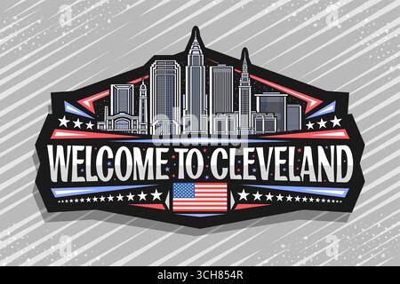 Logo vectoriel pour Cleveland, signe décoratif noir avec illustration de contour du célèbre paysage de ville de cleveland sur fond de ciel nocturne, design d'art refr Illustration de Vecteur