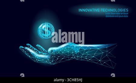 La main polygonale tient la pièce d'un dollar. Geometric ARM présente monnaie Digital finance Banque d'investissement fintech activité boursière. Poly bleu bas Illustration de Vecteur