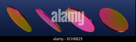 disques de podium holographiques 3d avec des couleurs dégradées du rose au jaune. Ovales métalliques brillants flottant sur fond transparent pour l'affichage futuriste des produits. Surfaces irisées à différents angles. Illustration de Vecteur