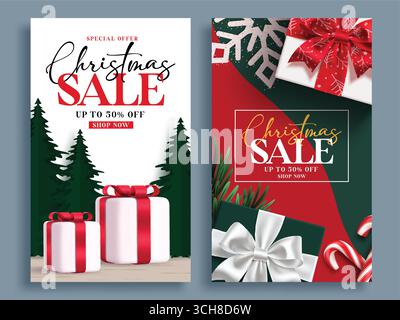Ensemble d'affiches clipart de soldes de Noël. Vente de Noël affiche modèle de carte clip art collection offre spéciale rabais avec boîtes cadeaux et sapin Illustration de Vecteur