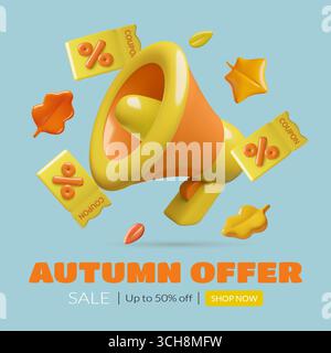 Bannière d'annonce de vente saisonnière d'automne avec des coupons de réduction de haut-parleur 3D et des feuilles rouges Illustration de Vecteur