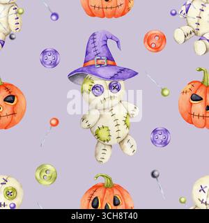 Poupée vaudou avec chapeau de sorcière, lanternes orange jack o, boutons verts, fil à coudre violet en clipart aquarelle, motif sans couture dessiné à la main pour les textiles, scrapbooking numérique, décor de fête et tissus. Banque D'Images