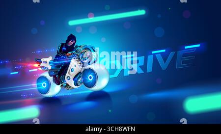 Moto futuriste sur la course sur route à pleine vitesse dans le cyberespace. Cycliste sur la cyber-moto de course de science-fiction avec roues sphériques. Futur motard sur Illustration de Vecteur
