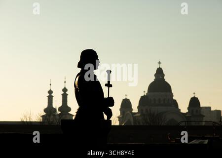 29 décembre 2023 - Targu Mures, Roumanie : silhouette de coucher de soleil d'une statue dans le parc de la place Targu Mures Banque D'Images