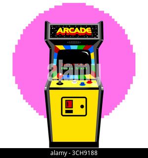 Armoire de jeu d'arcade rétro illustration colorée, conception avec joystick, boutons, accepteur de pièce de monnaie et message 'insert coin' 'Press START' Illustration de Vecteur