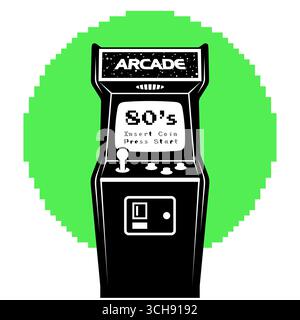 Armoire de jeu d'arcade rétro illustration monochrome, conception avec joystick, boutons, accepteur de pièces de monnaie et messages 'insert coin' 'Press START' Illustration de Vecteur