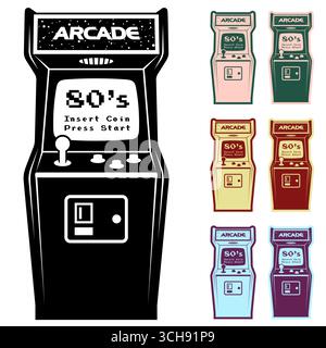 Armoire de jeu d'arcade rétro illustration monochrome, conception avec joystick, boutons, accepteur de pièces de monnaie et messages 'insert coin' 'Press START' Illustration de Vecteur