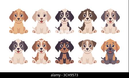 Dix jolies illustrations de chiots. Races variées, parfaites pour les conceptions Illustration de Vecteur
