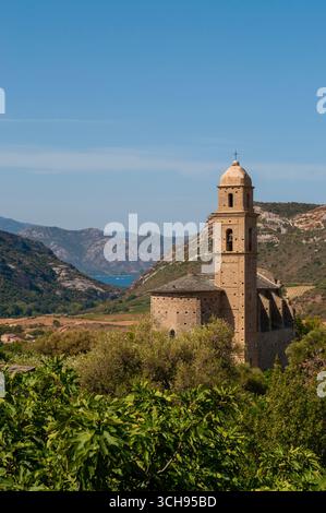 Corse : campagne, collines verdoyantes et vignobles et église Saint-Martin du XVIe siècle à Patrimonio, commune de haute Corse Banque D'Images