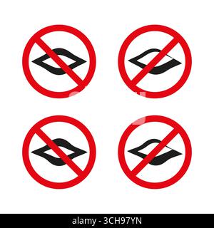 Pas de signe de baisers. Symbole lèvres interdites. Icône d'interdiction de vecteur. Cercle rouge d'avertissement. Illustration de Vecteur