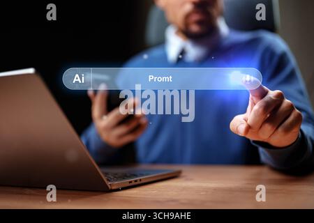 Individual s'engage avec l'interface d'intelligence artificielle tout en utilisant un ordinateur portable et un smartphone dans un espace de travail moderne Banque D'Images