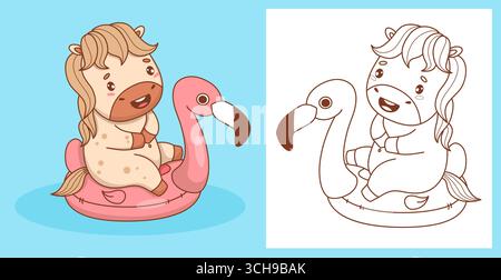 Mignon poney d'été sur ensemble gonflable de flamant rose. Dessin de lignes de contour et de couleurs, Livre de coloriage. Isolé Funny Horse animal dessin animé Beachgoer sur Vaca Illustration de Vecteur