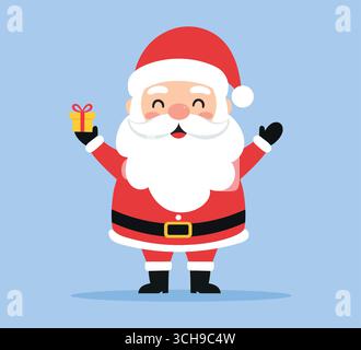 Dessin animé Père Noël. Illustration vectorielle de joyeux Père Noël tenant une boîte cadeau dans sa main dans un style plat Illustration de Vecteur