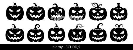 Ensemble de silhouettes noires de citrouilles pour Halloween, sur fond blanc. Illustration de Vecteur