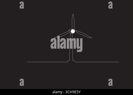 Dessin continu d'une éolienne. Illustration d'une ligne de dessin de l'énergie éolienne. Machine génératrice sur le concept de fond noir. Illustration de Vecteur