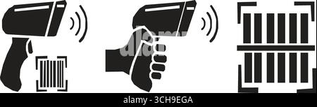 Icône de vecteur d'outil de scanner de code de produit dans le style de pictogramme de silhouette sur fond blanc protégé. Illustration de Vecteur