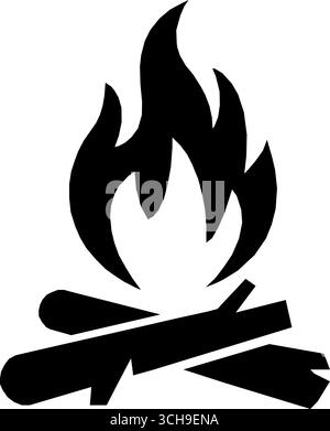 Feu de joie stylisé avec des flammes brûlantes, bûches disposées, en silhouette noire sur blanc. Illustration de Vecteur