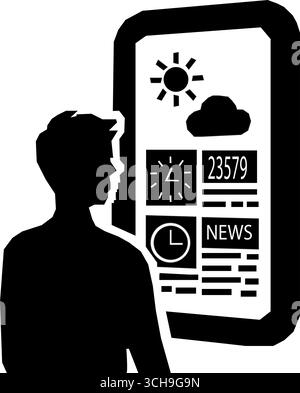 Silhouette de la personne regardant les nouvelles météo et l'horloge sur l'écran numérique smartphone. Sur fond blanc. Illustration de Vecteur