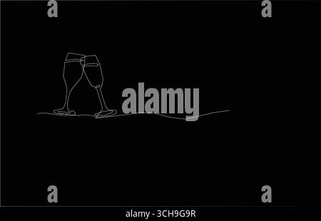 Deux verres à champagne à clipser une ligne. Verre à vin étincelant créatif sur Black Black Ground Continuous One Line Vector Banner Illustration de Vecteur