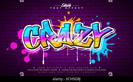 Editable Crazy Graffiti Text Effect Design avec Grunge coloré personnalisable dessiné à la main Street Art font sur fond de mur de briques. Vector Illustrator Illustration de Vecteur